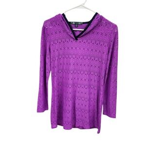 Title Nine Top Woman's Size Small Purple Long Sleeve Hooded Lace Cutout Tunic